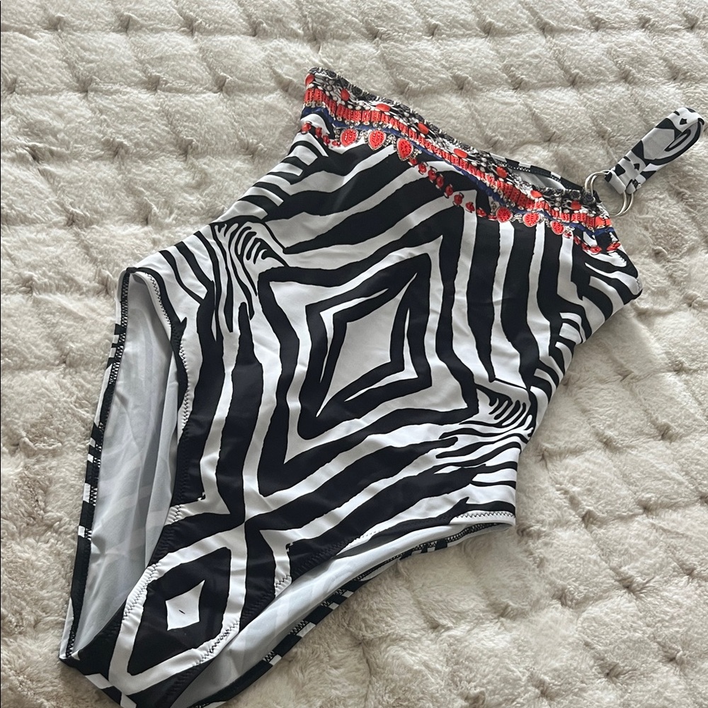 Black & White Zebra One-Piece Swimsuit with Red Beaded Trim